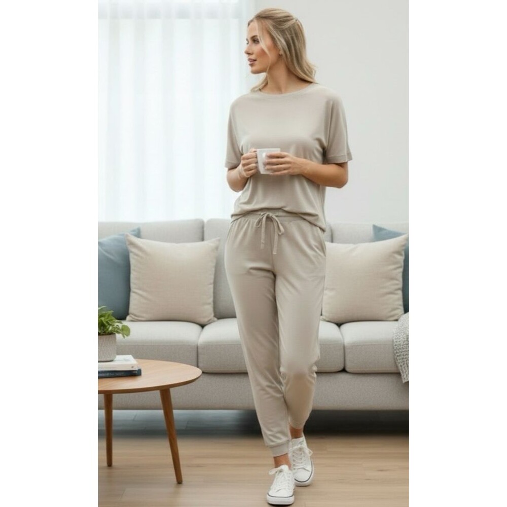 Haven Well Within 100% Cotton Jogger Pants Large Beige Pull On Drawstring Lounge